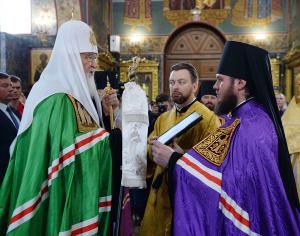 The Primate of the Russian Church consecrated the Church of St. Euphrosyne in Kotlovka and presided over the consecration of Archimandrite Thomas (Demchuk) as Bishop of Gdov Vicar of the Pskov diocese Bishop